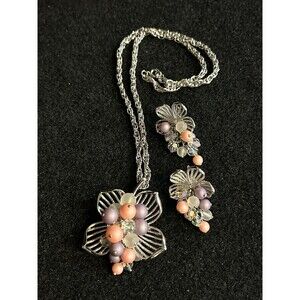 Vintage Signed Park Lane Cascade Crystal Bead Flower Necklace Earrings Set J28